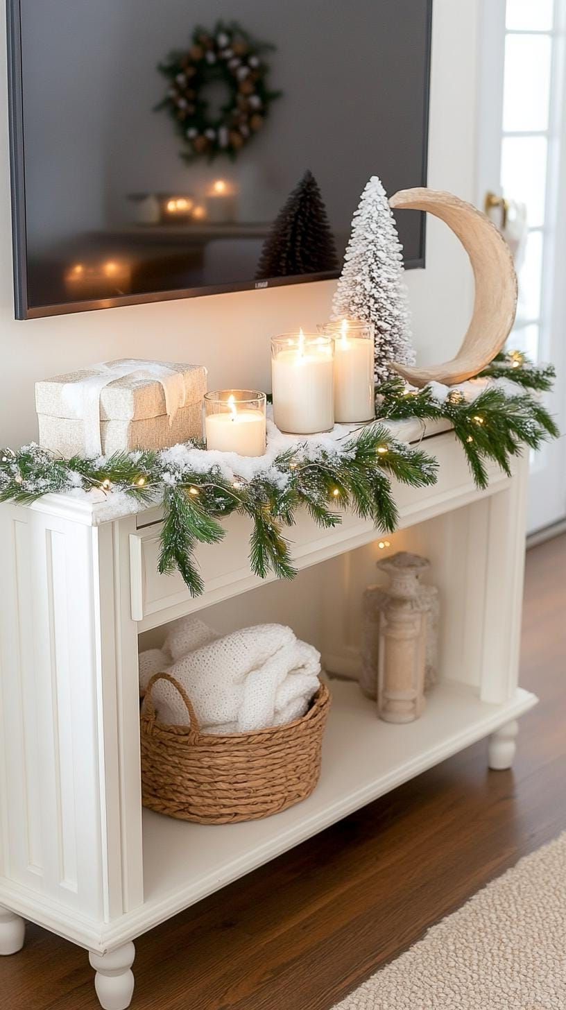 21. Hygge-inspired TV stand with faux snow and warm light