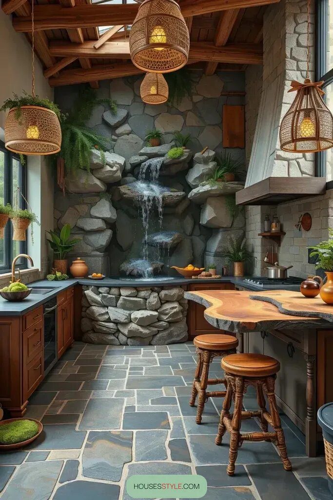 Rustic Kitchens Combining Wood and Waterfalls