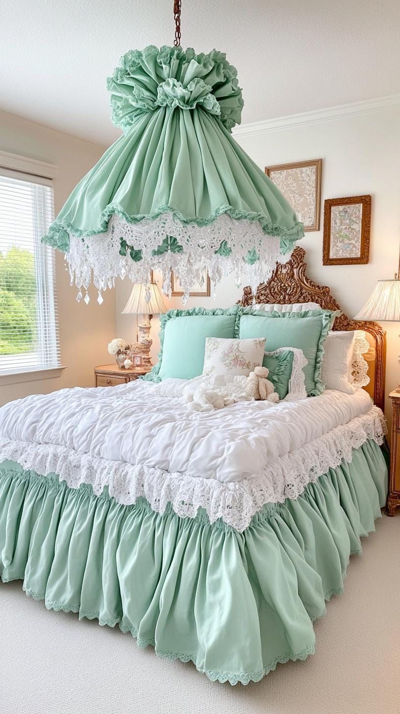 21. Romantic Boudoir with Ruffled Sage Green Bedlinen - photo 2