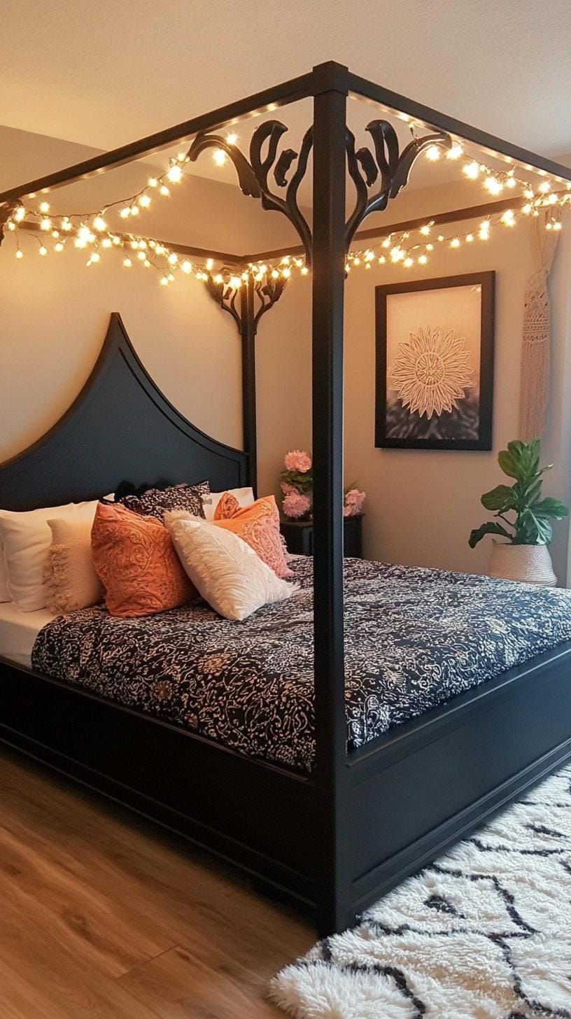 11. Iron Bed With String Lights And Dark Floral Bedspread - photo 2