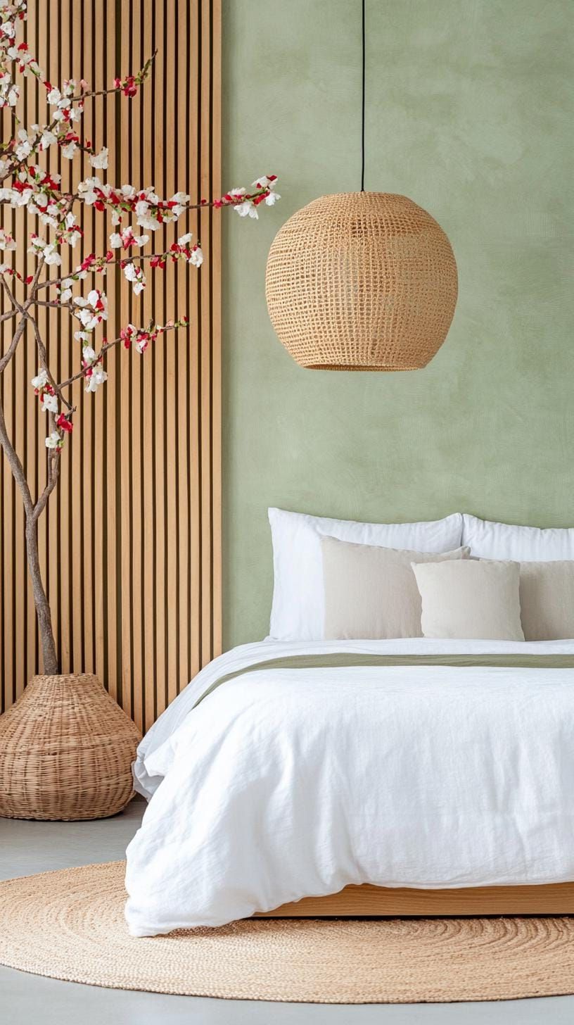 25. Wabi-Sabi Bedroom with Sage Green Slatted Walls - photo 2