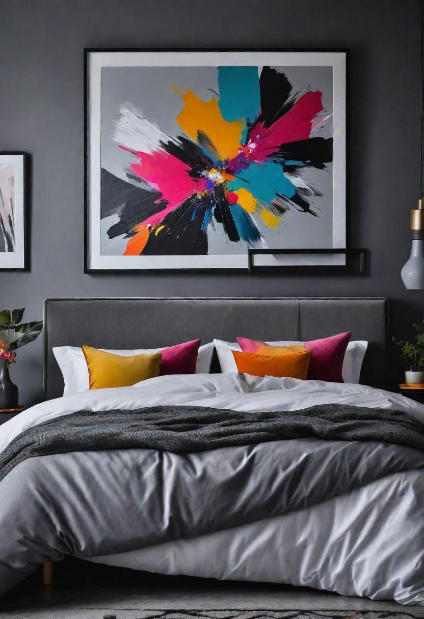 25. Bold Colorful Art for Grey Bedrooms
