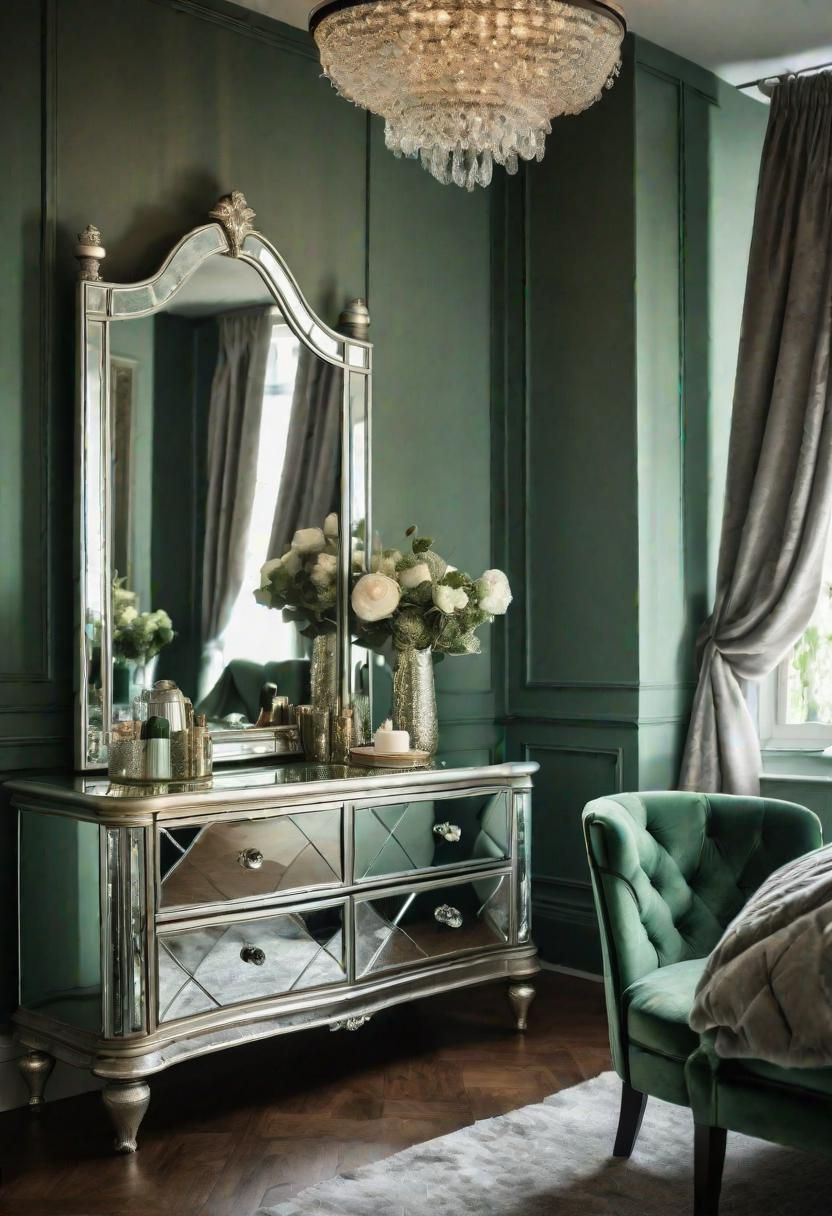 34. Hollywood Glam Sage Green Bedroom