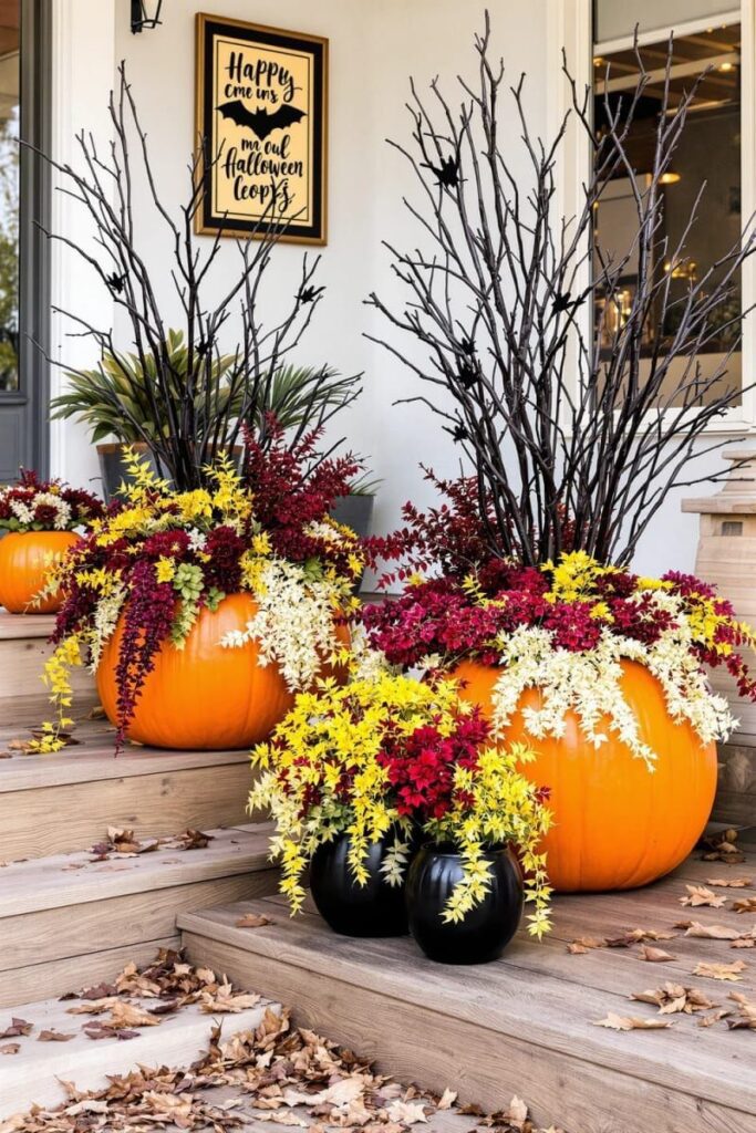 5. Pumpkin Planters Filled with Fall Flowers and Dark Branches - photo 4