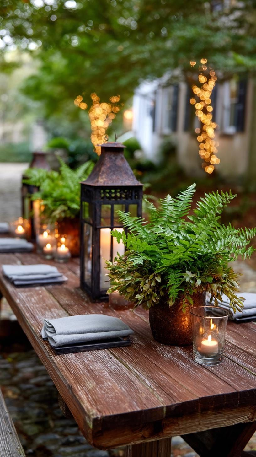 8. Rusty Lanterns Holding Floral Centerpieces