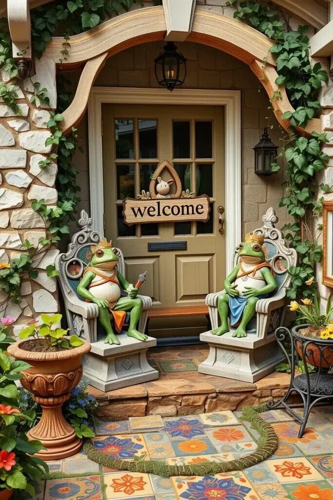 Frog King Statues Seated on Stone Thrones