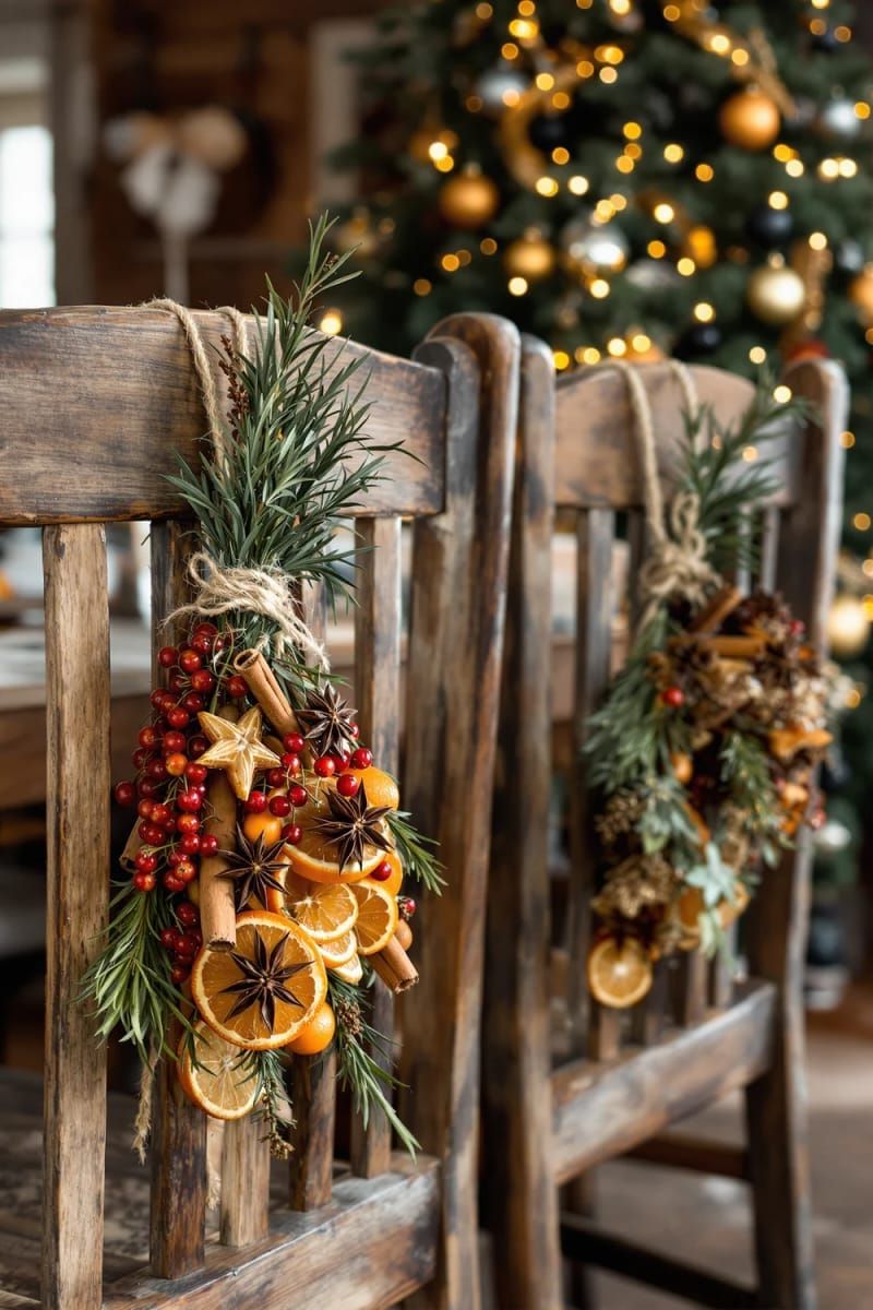 24. Dried fruit and herb bundles on chair backs