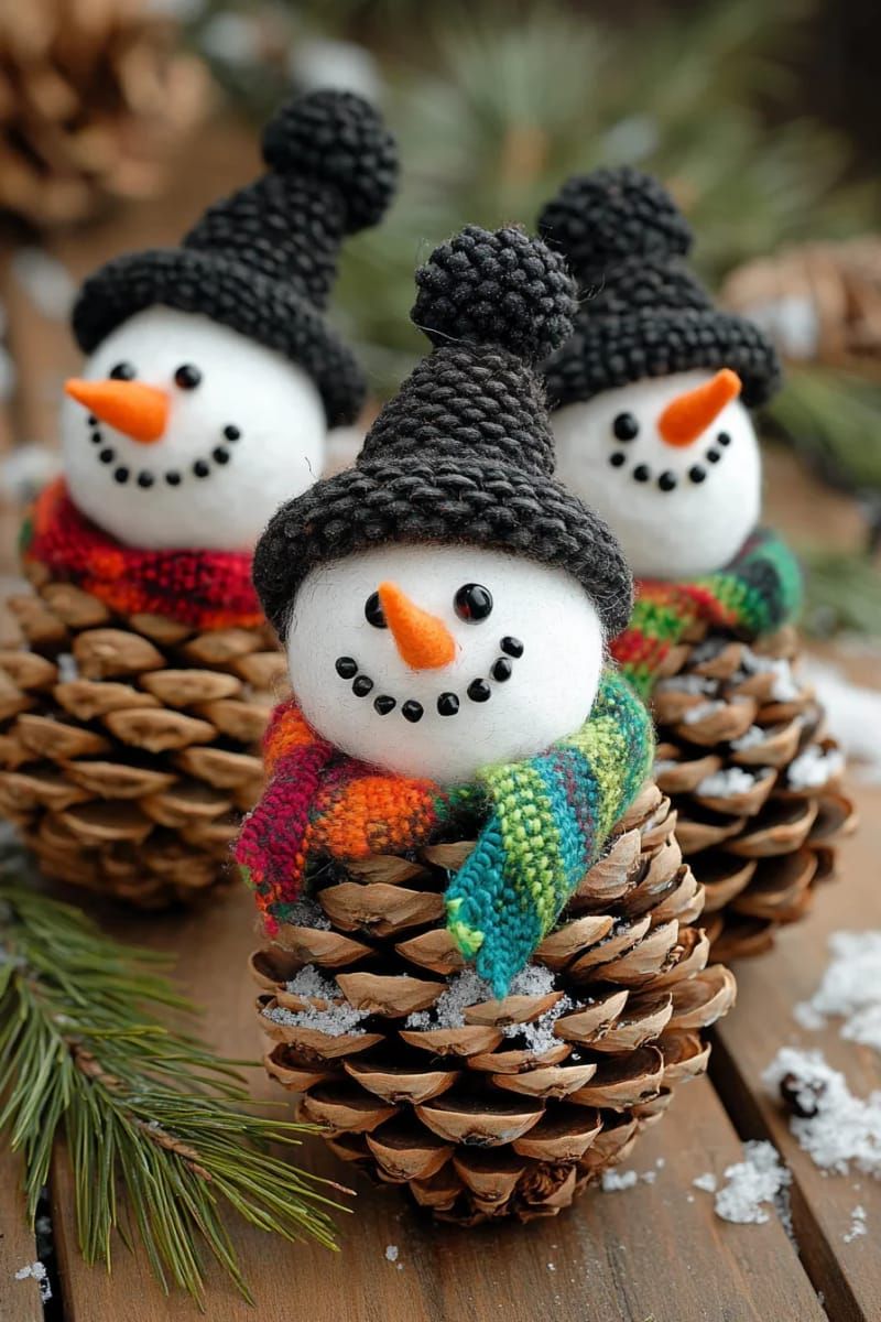 24. Pinecone Snowman Family with Felt Scarves