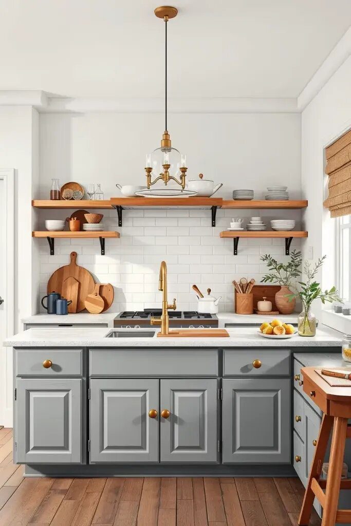 Pairing Gray Lower Cabinets with Open Shelves