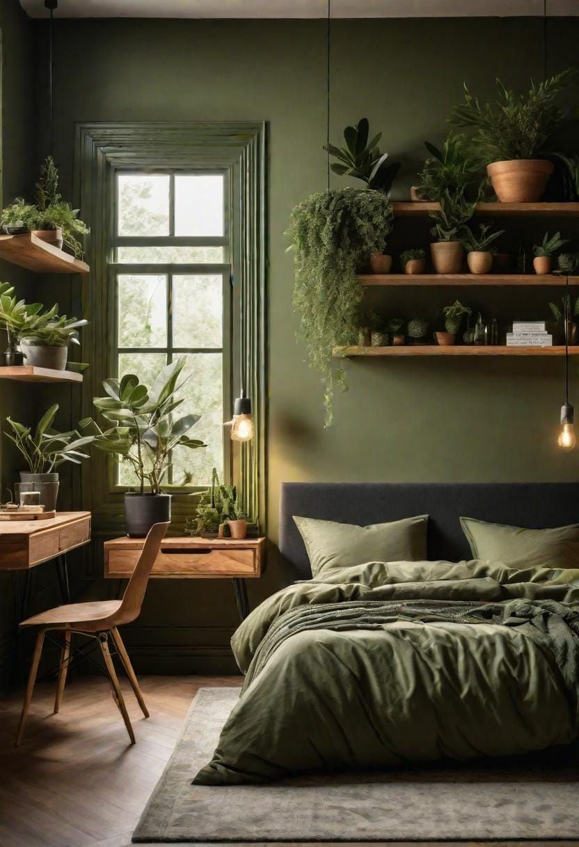 18. Botanical Olive Green Bedroom with Plant Shelves