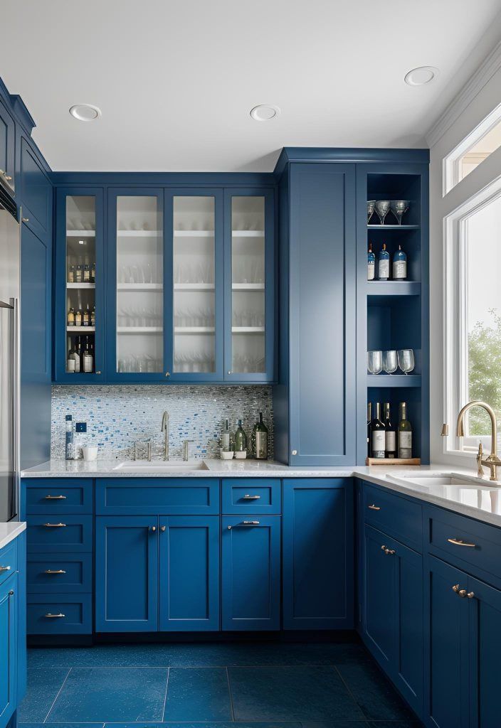 38. Blue Kitchen Featuring a Wine Fridge