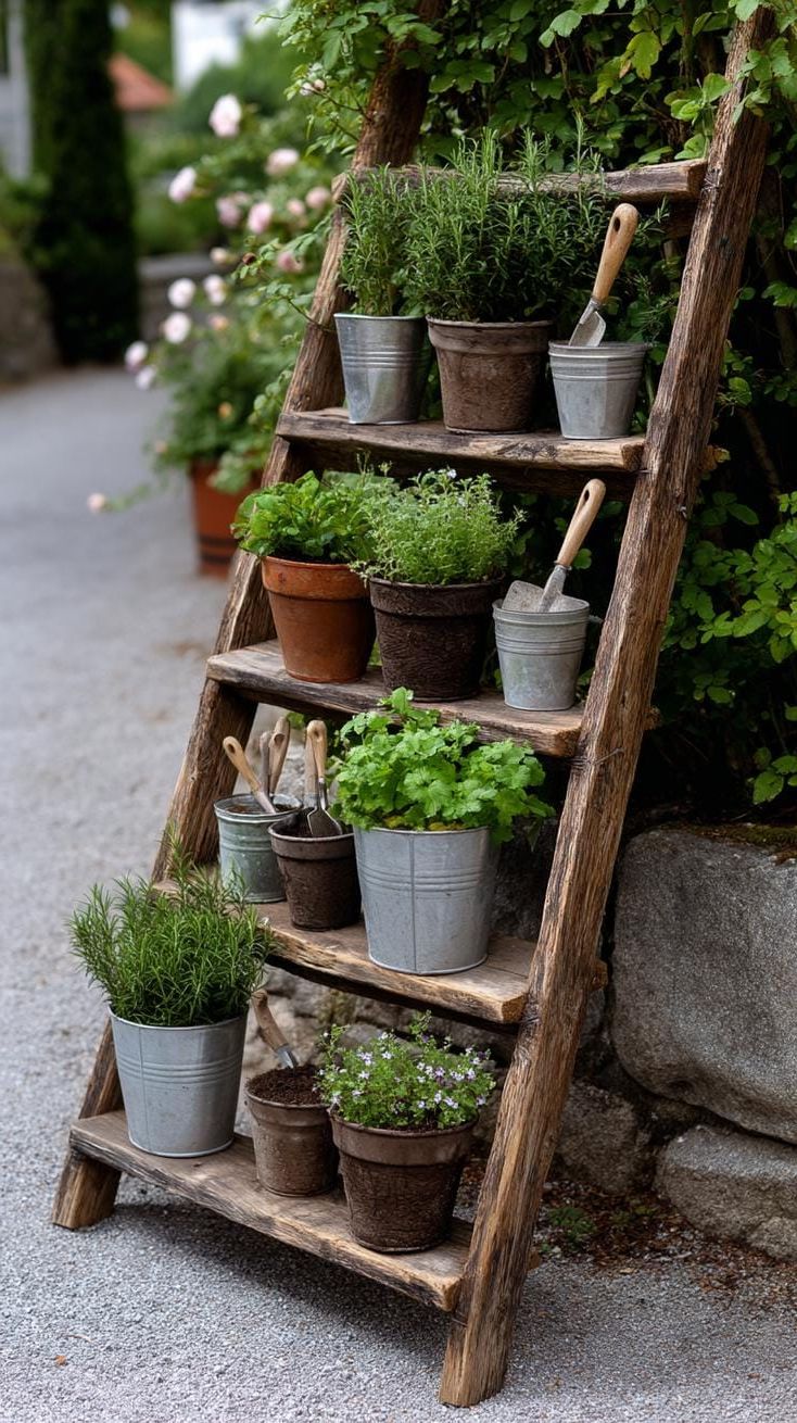 3. Hang Garden Tools on a Distressed Wooden Ladder