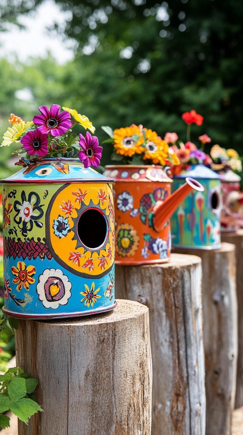 30. Painted Watering Cans Turned into Birdhouses