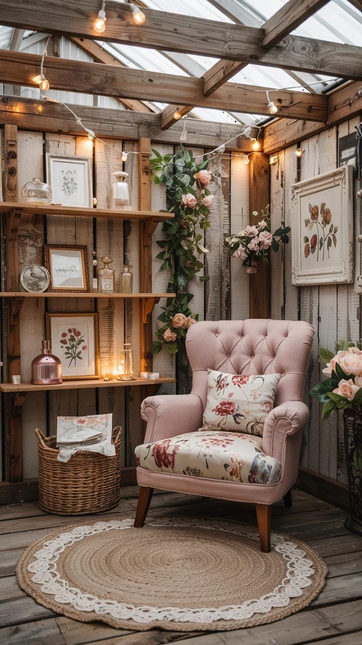1. Rustic Wood-Paneled Shed with Vintage Armchair