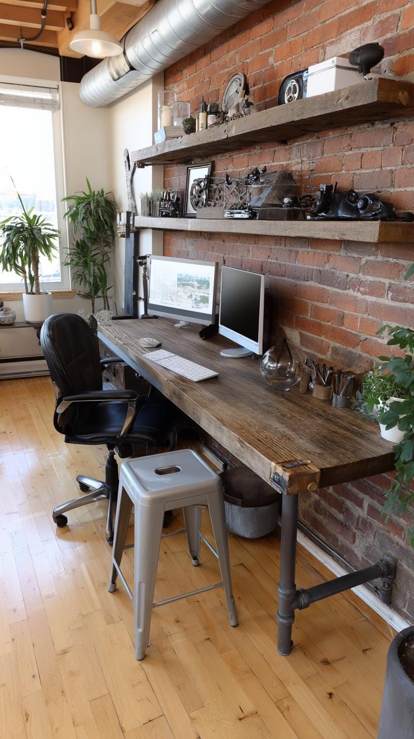 18. Industrial floating desk with exposed pipe shelving