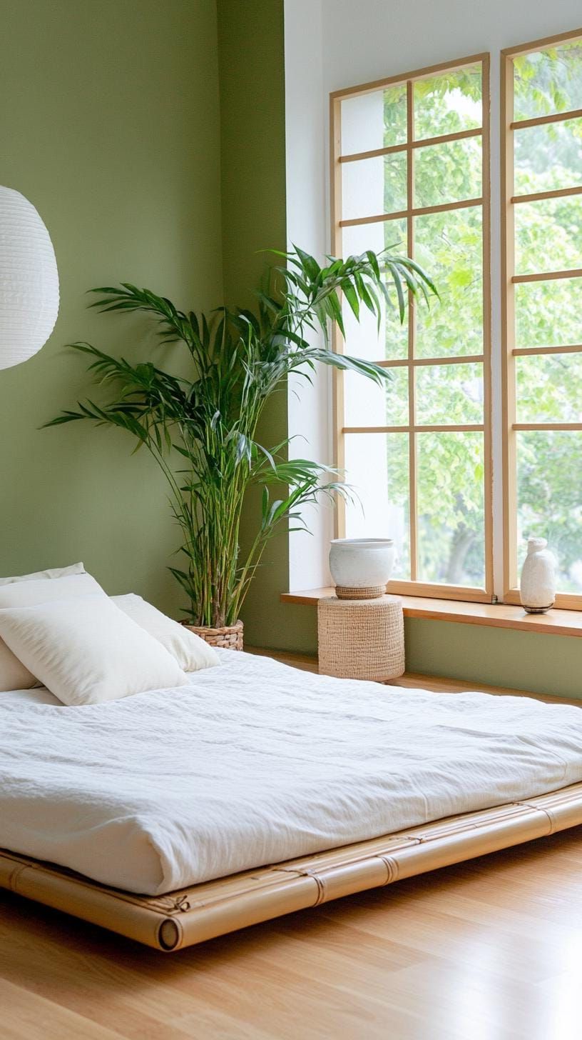 4. Zen Olive Green Bedroom with Bamboo Accents