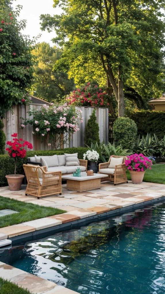 3. Blooming Flowers Around a Poolside Lounge