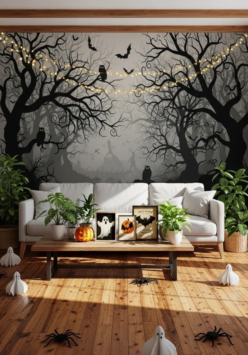 14. Spooky Forest Wall Mural with Fairy Lights