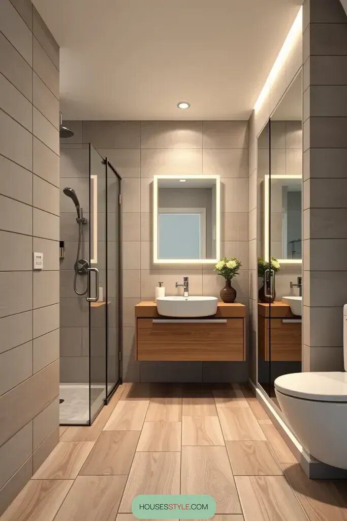 Neutral Wood Tile Shades for Small Bathrooms