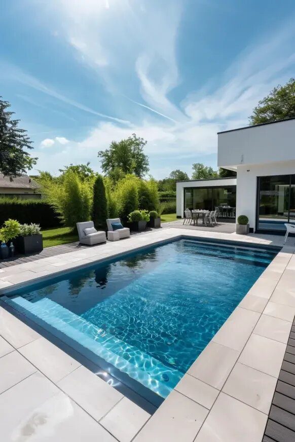Lush Greenery Embraces Stylish Poolside Oasis