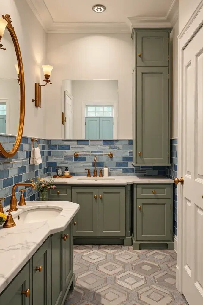 Brass Fixtures In Sage And Blue Bathrooms
