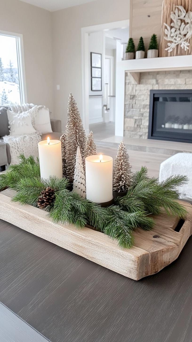 3. Wooden trays with pine and candles
