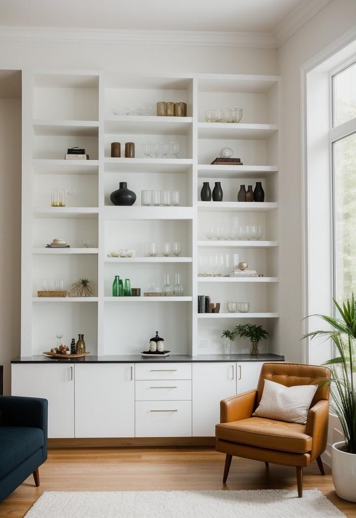 6. Bar-Incorporated Mid-Century Modern Shelves