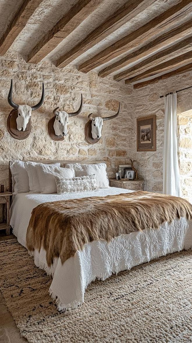 10. Bedroom With Animal-Hide and Steer Horns