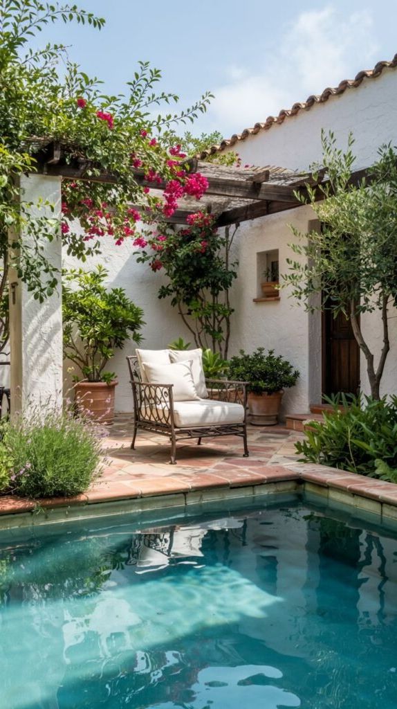 26. Courtyard Pool With Vine-Covered Pergola Seating