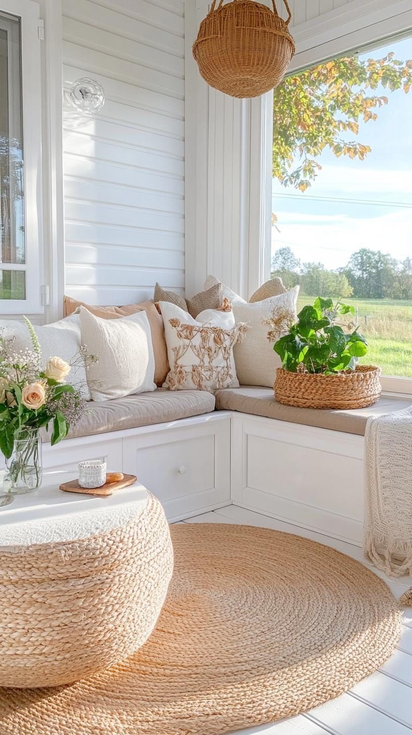21. Storage Benches and Woven Details on a Porch