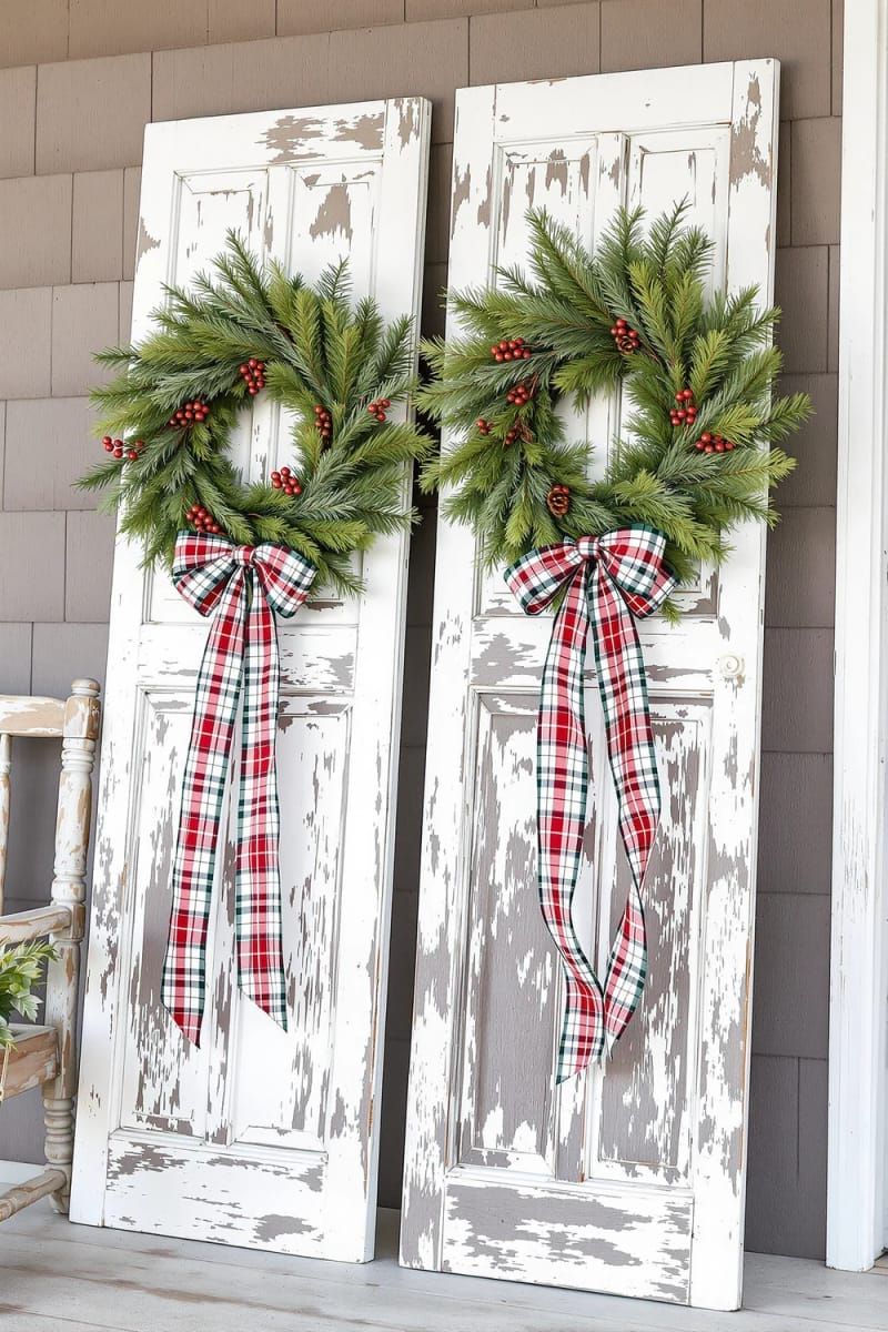 28. Wood shutters with wreath and plaid ribbon accents