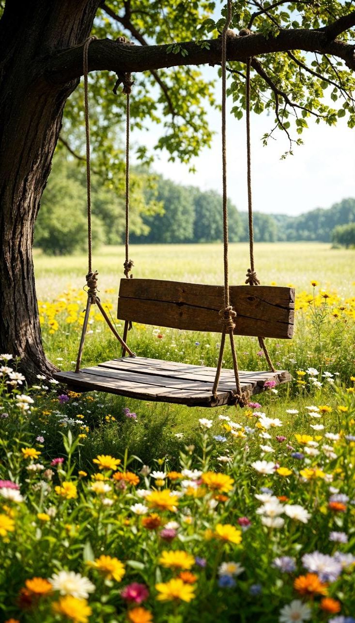 13. A Rope Swing Set in Wildflowers