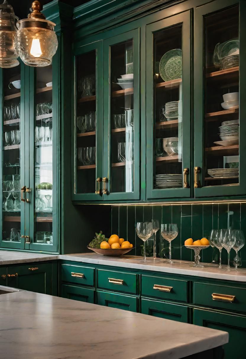 3. Hunter Green Cabinets with Glass Fronts