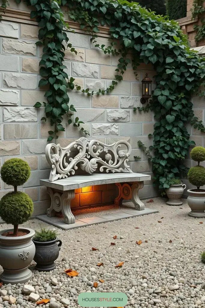 Stone Walls Paired with Elegant Benches