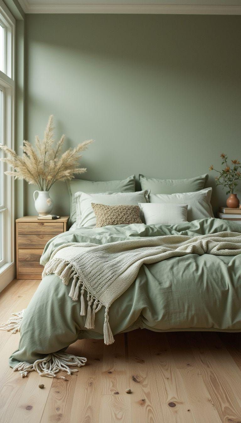 9. Scandinavian Bedroom with Sage Green Linens and Oak Floors