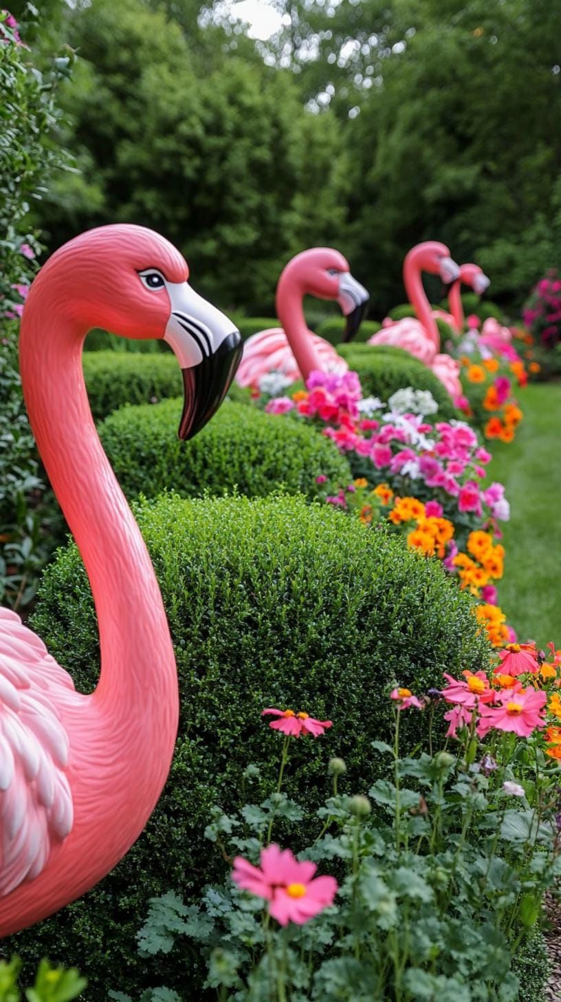 20. Pink Flamingos Wandering a Garden Maze