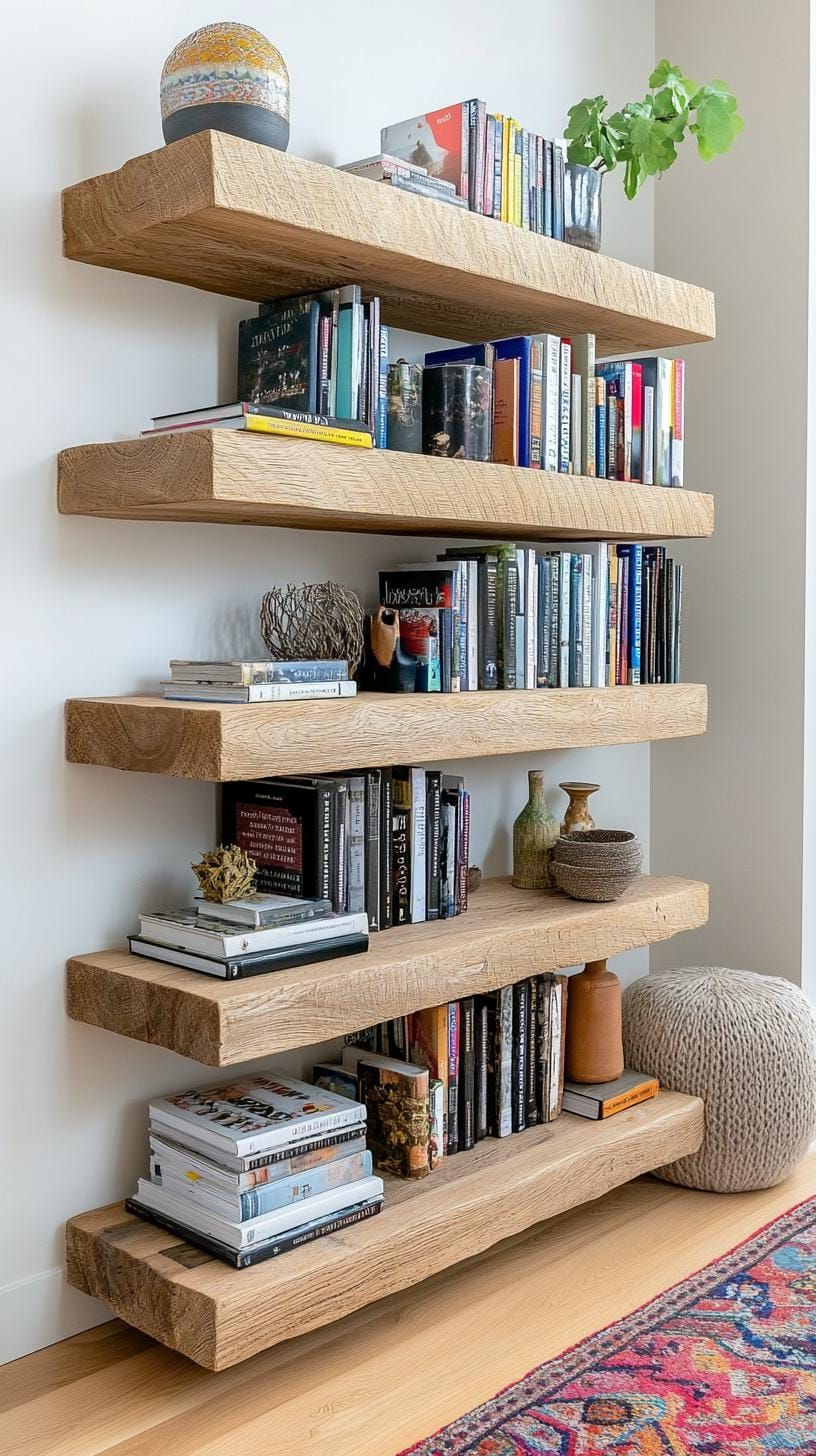 21. Tiered Wood Bookshelves With Neutral Decor - photo 3