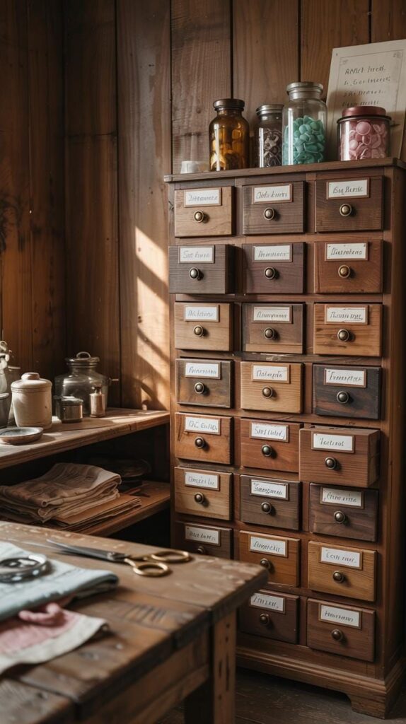 11. Vintage Craft Room With Moody Apothecary Drawers
