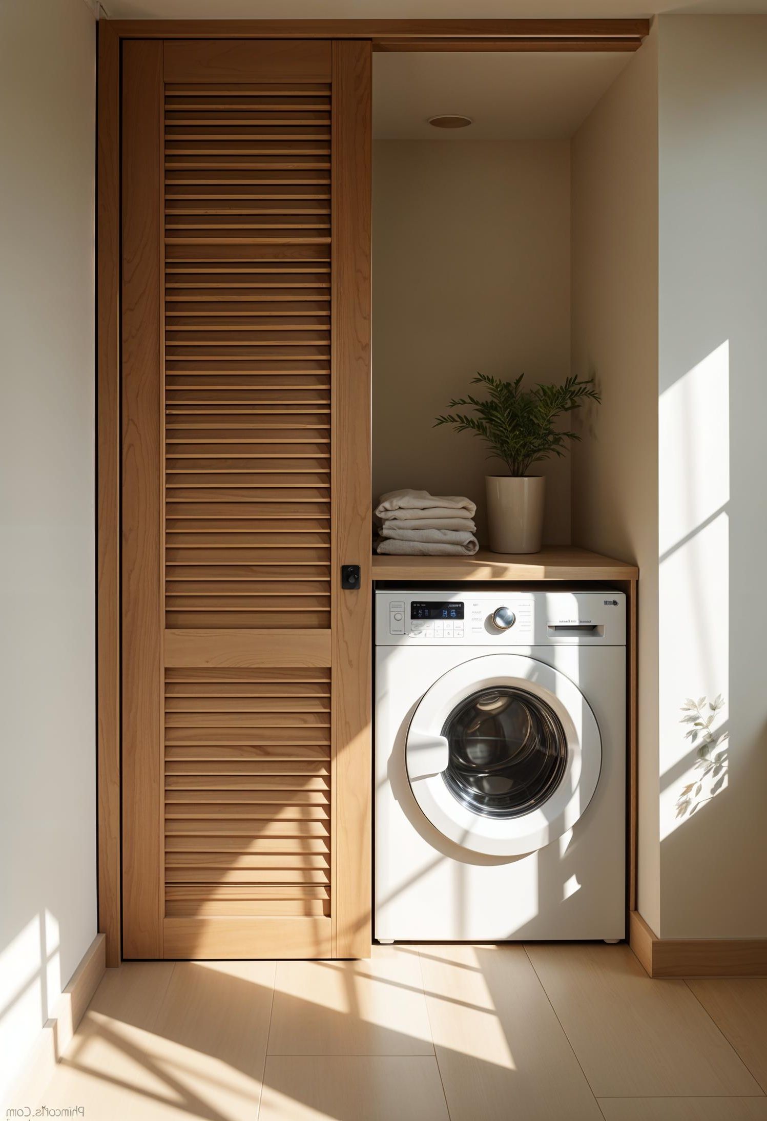 7. Hidden laundry closet behind sliding slatted wood doors - photo 3