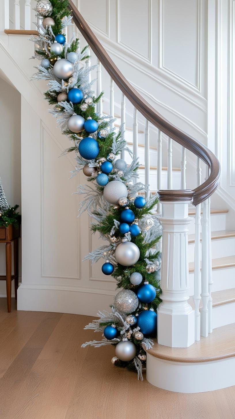 7. Silver-blue bauble garland draped along a white staircase railing
