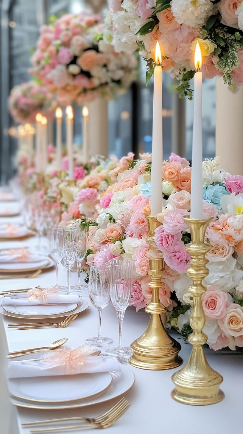 16. Garden Tablescape With Golden Candle Holders