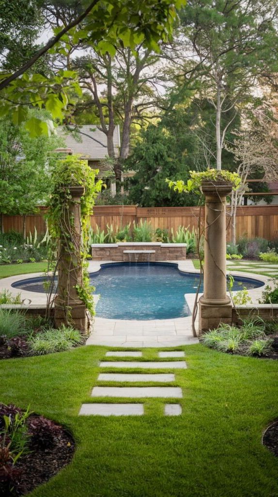 11. Stone Columns and Waterfall Elevate a Rectangular Pool