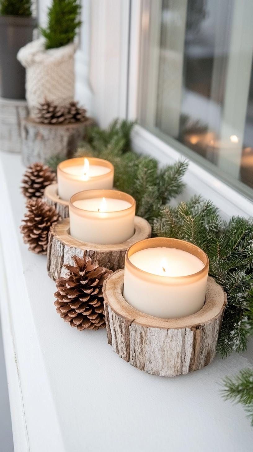 4. Rustic Birchwood Candle Holders Lined With Pinecones - photo 2