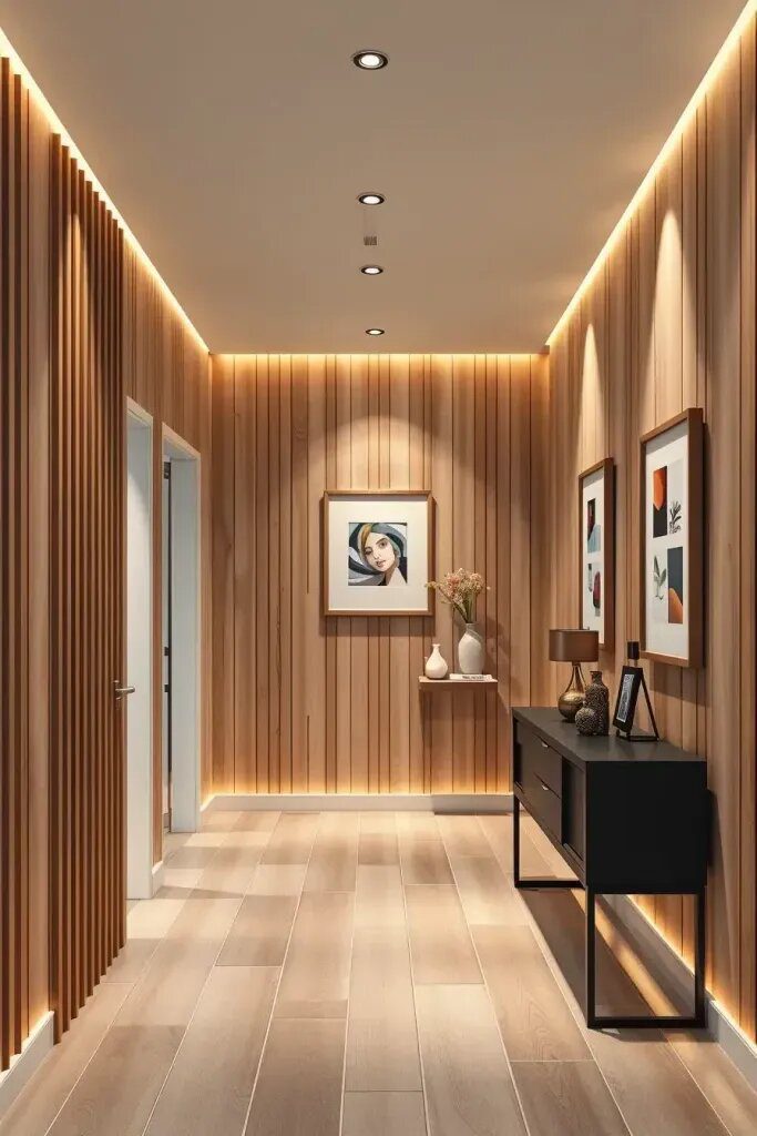 Backlit Wood Panels for Warm Hallway Lighting