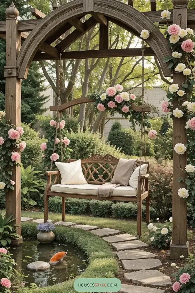 Swinging Benches Hung from Garden Arches