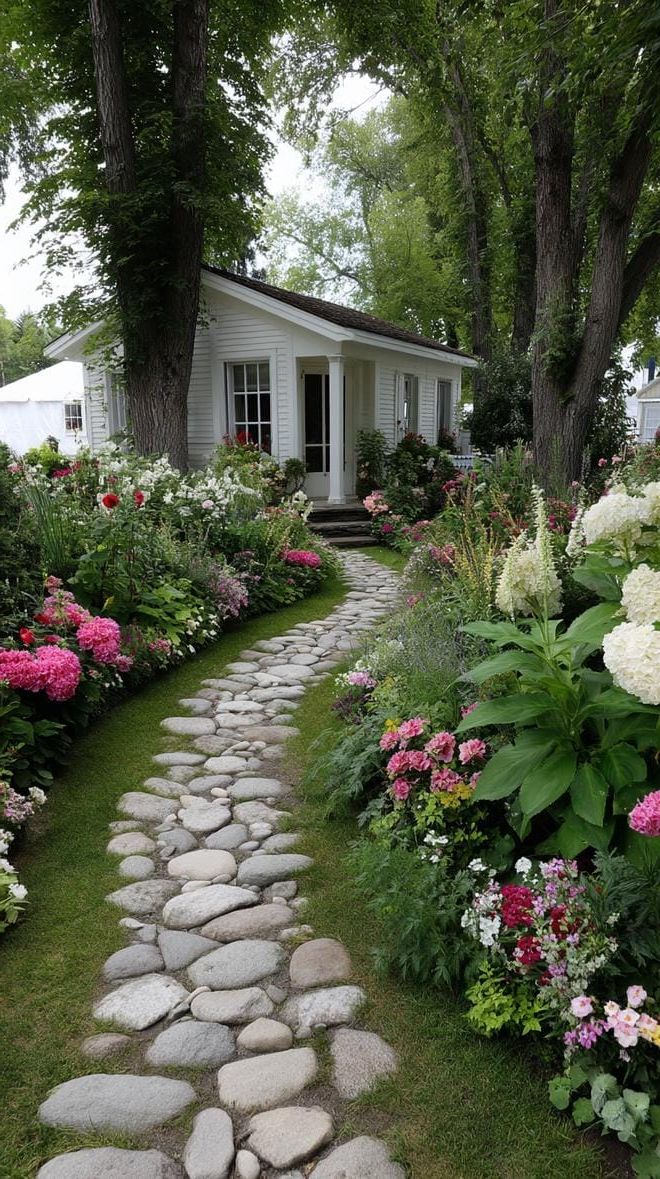 5. Stone Paths Through Flower Borders