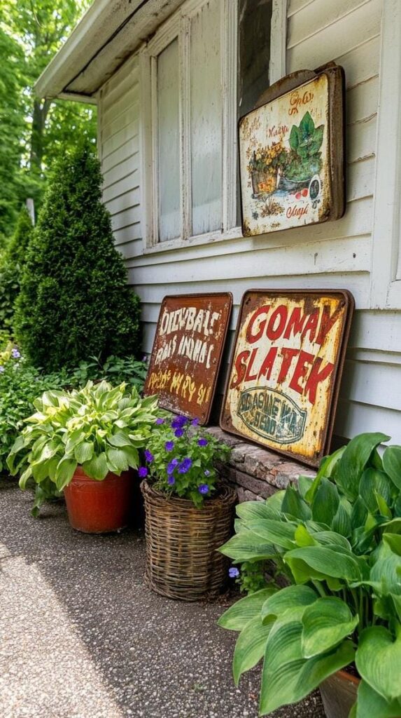 18. Classic Tin Signs Along the Garden Fence