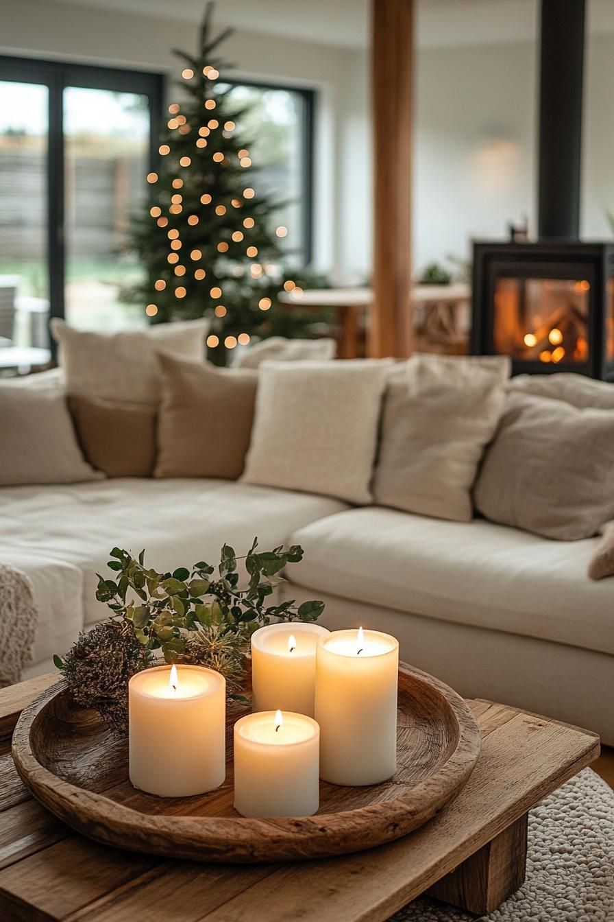 4. Cozy Candle Clusters on Wood Trays
