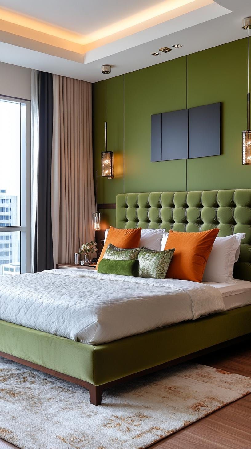 19. Luxurious Olive Green Bedroom with Plush Textures - photo 2