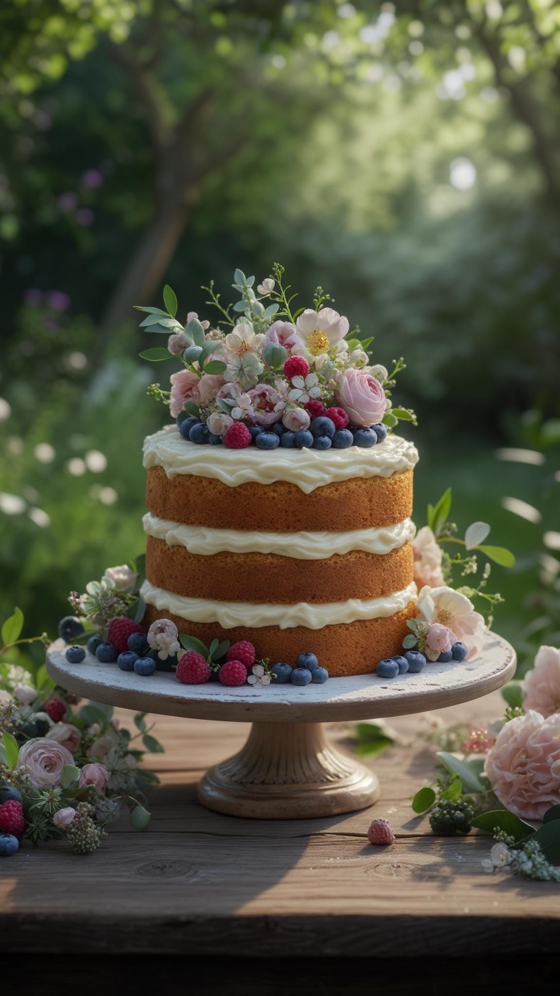 19. Berry And Flower Topped Naked Cake